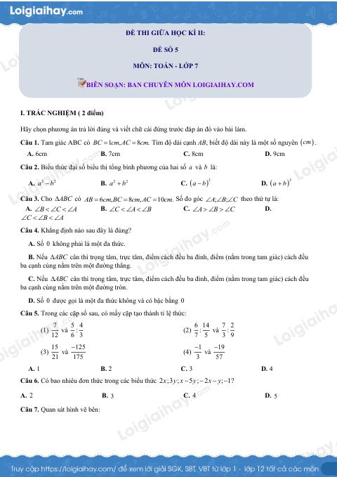 Đề thi giữa kì 2 Toán 7 - Đề số 5 - Chân trời sáng tạo